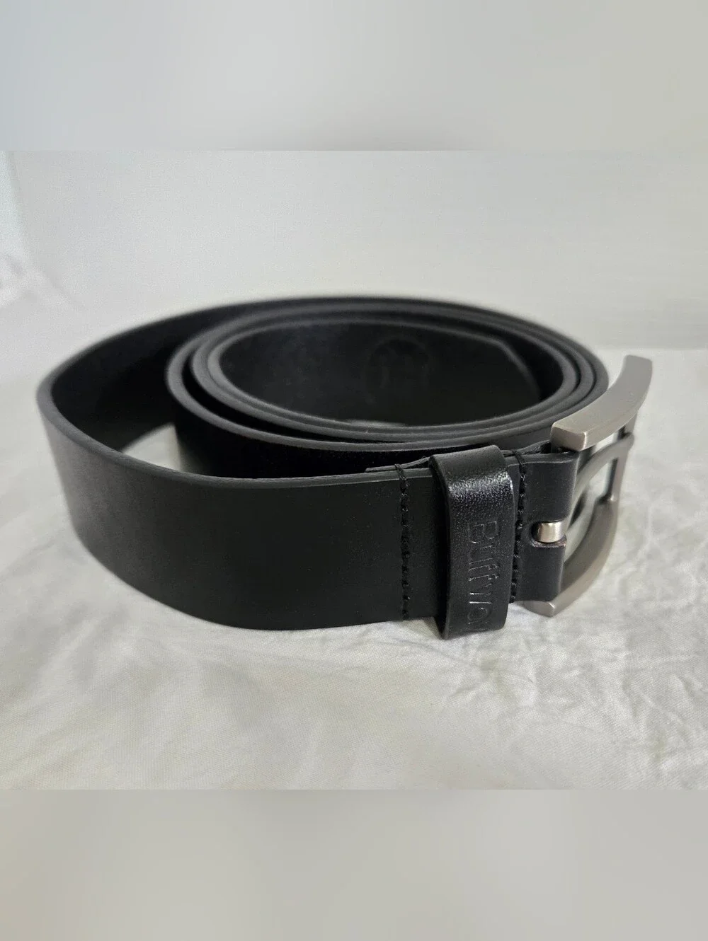 Men’s Buffway Black Leather Belt Brushed Silver Buckle Casual Dress Belt